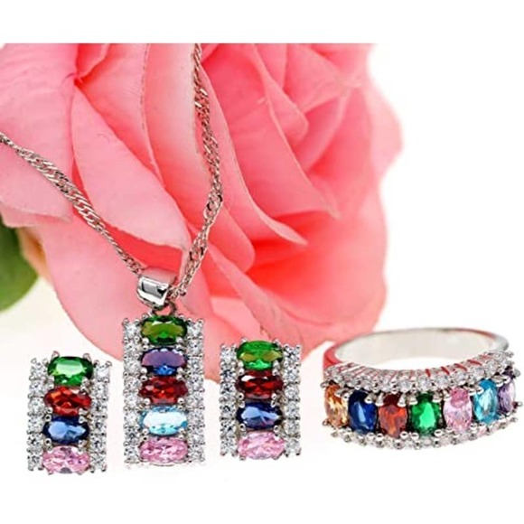 Rhinestone Necklace Ring Earrings Platinum Plated Necklace Earring Ring CZ Cubic - Picture 2 of 8